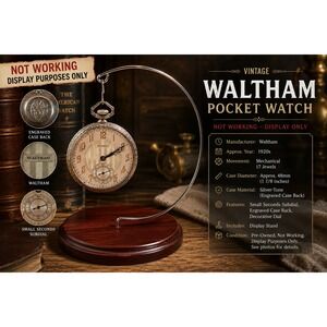 Vintage Waltham Pocket Watch Not Working Display Only Engraved Case w/ Stand